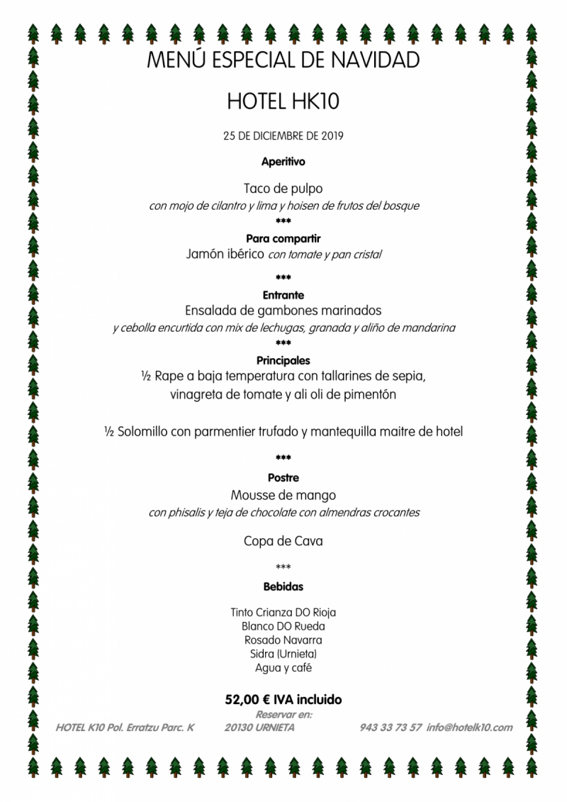 menú especial de navidad Hotel K10 2019